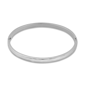 Polished silver stainless steel bangle with hidden hinge and mirror finish detail