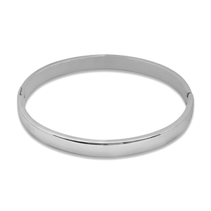 Polished stainless steel minimalist bangle with side clasp closure on white background