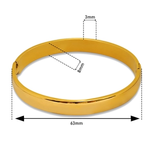 Detailed view of gold stainless steel bangle showing 63mm inner diameter and 8mm width