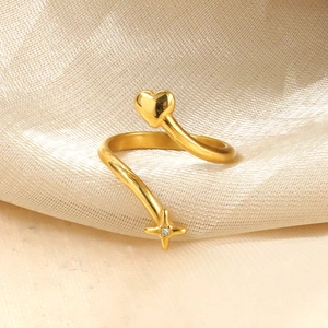 Anillo Abierto de Acero Inoxidable con Corazón y Estrella de Cuatro Puntas para Mujer Chapado en Oro Anillo Ajustable con Strass Minimalista