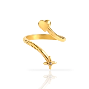 Anillo espiral ajustable de acero dorado con detalles de corazón y estrella