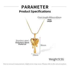Fiche technique du collier cœur de lave doré avec dimensions en acier inoxydable
