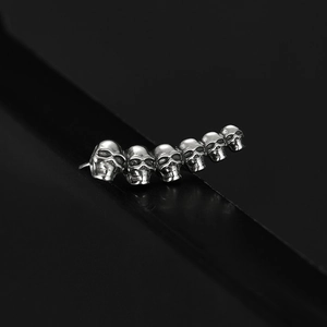Macro-detail van zes gegradueerde schedels op retro zilveren punk gothic roestvrijstalen