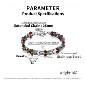 Dettagli tecnici del bracciale con occhio di tigre, ematite e acciaio inossidabile