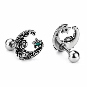 Vintage Stainless Steel Rose Crescent Moon Stud Earrings For Men Women Green Rhinestone Star Gothic Jewelry Earrings