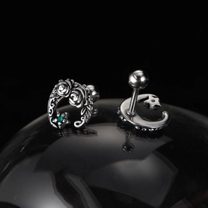 Vintage stainless steel rose earrings with green star gem and crescent moon design