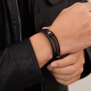 Men's triple-layer black braided leather bracelet with silver stainless steel beads
