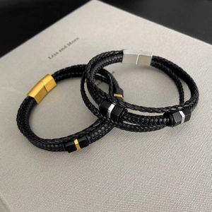 Men Multilayer Woven Leather Bracelet Stainless Steel Magnetic Buckle Retro Hip Hop Braided Wristband Jewelry For Daily Party