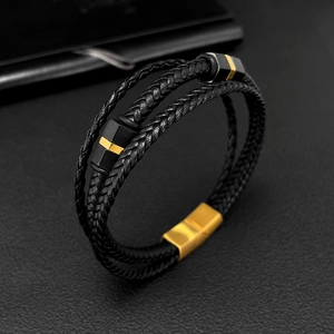 Men's multi-layer woven leather bracelet with gold geometric charms and metal clasp