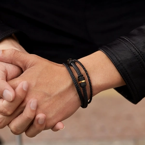 Men's retro black braided leather bracelet with multilayered stainless steel geometric charms