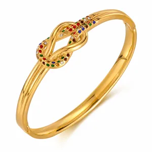 Lussuoso Bracciale Rigido in Acciaio Inossidabile a Nodo per Donna Con Zirconia Cubica Multicolore Placcato Oro Gioielli di Moda