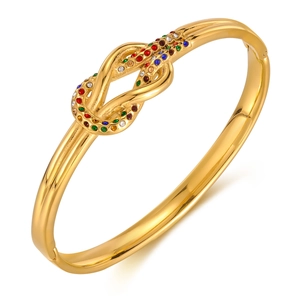 Bracciale rigido a nodo dorato con strass multicolore e cerniera in acciaio inox