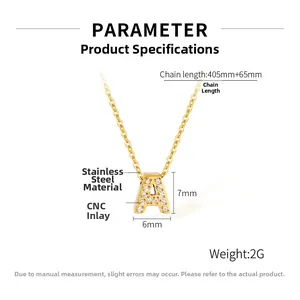 Detailed dimension guide for gold letter A pendant necklace with CZ inlay measurements