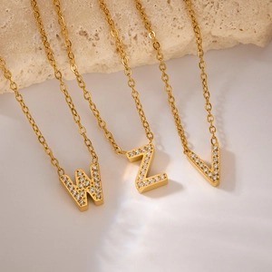 Gold plated stainless steel alphabet necklace with cubic zirconia pave pendant for women