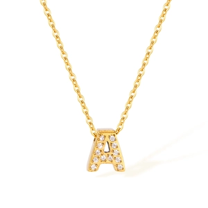 Minimalist gold stainless steel initial necklace featuring a crystal-set letter A pendant
