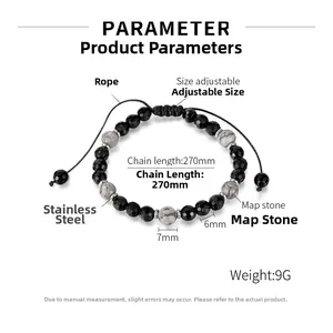 Pulsera de cuentas ajustable con cordón de 270mm, piedra de mapa de 9g y bolas de acero