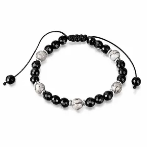 Pulsera de Cuentas de Ágata Negra y Piedra de Mapa de Acero Inoxidable para Hombre Mujer Cuerda Trenzada Ajustable Joyería Unisex