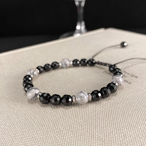 Pulsera de cuentas de ágata negra y piedra de mapa con cordón trenzado ajustable