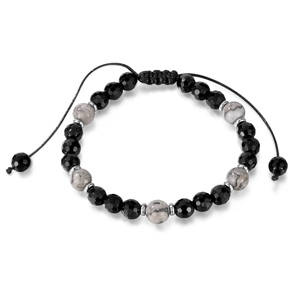 Pulsera unisex ajustable con cuentas de ónix negro, piedra de mármol y detalles plateados