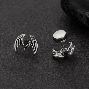 Gothic bat wing stud earrings with black heart zircon and secure flat back screw