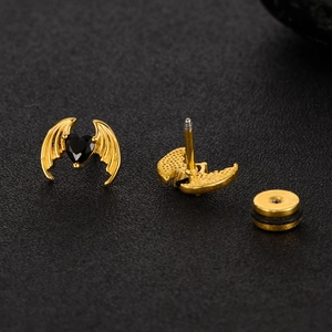 Gothic bat wing stud earrings with black heart zircon and gold stainless steel base
