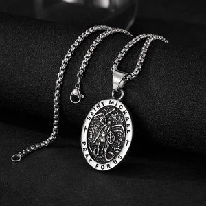 Detailed engraving of Saint Michael on retro stainless steel oval pendant necklace
