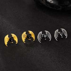Stainless Steel Bat Wing Heart Stud Earrings With Black Rhinestone Gothic Punk Rock Jewelry For Men