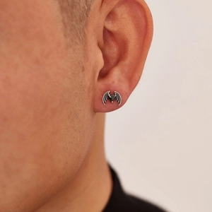 Gothic bat wing stud earring for men with black heart zircon in silver stainless steel
