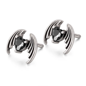 Gothic silver wing studs with heart-shaped black zircon stone for men and women