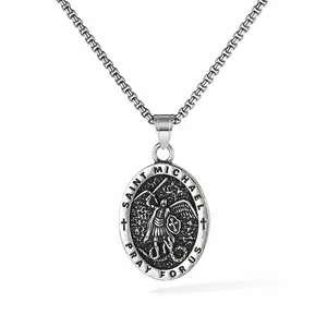 Vintage Stainless Steel Saint Michael Archangel Medallion Pendant Necklace For Men Religious Relief Amulet Jewelry Gift