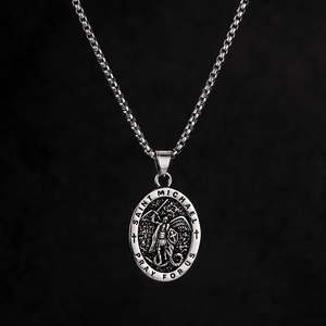 Vintage Saint Michael archangel pendant necklace in stainless steel with relief engraving