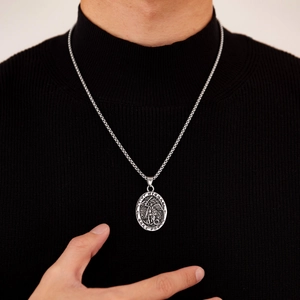 Saint Michael Archangel stainless steel oval pendant necklace on a silver box chain