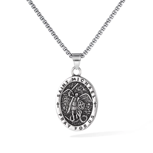 Vintage stainless steel Saint Michael pendant necklace with antique silver finish