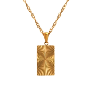 Gold stainless steel necklace featuring a rectangular sunburst texture star zircon pendant