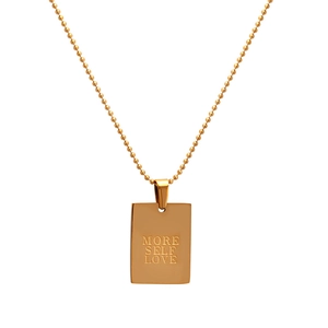 Collana dorata in acciaio inox con pendente rettangolo inciso More Self Love e catena a sfere