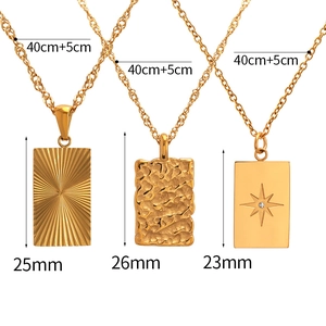 Three gold stainless steel star necklaces with textured rectangular pendants and wave chains