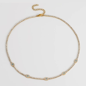 Gold evil eye tennis necklace with micro-paved white zircons and blue stone pendants