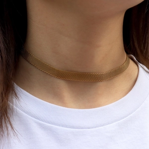 Retro gouden mesh choker ketting van titanium staal voor dames met verfijnde textuur