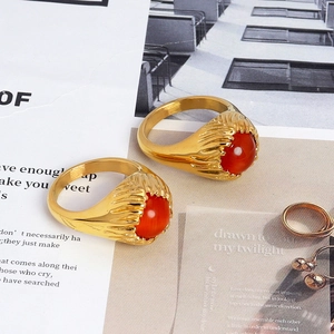Vintage 18K gold plated stainless steel ring with oval red gemstone inlay for women