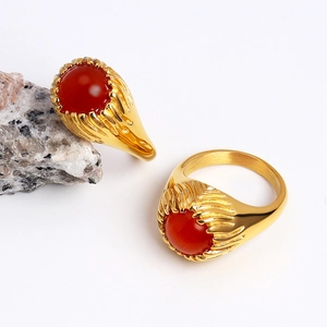 18K gold plated stainless steel ring with round red gemstone and textured band
