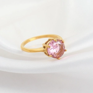 Bague Élégante En Acier Inoxydable Plaqué Or 18K Luxe Zircon Rose Rond Bague Solitaire Pour Femmes Bijou De Haute Qualité
