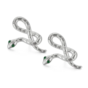 Hip hop punk style snake stud earrings in silver stainless steel with green gemstone eyes