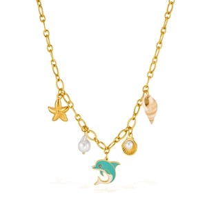Collana dorata a tema oceano con ciondoli stella marina, delfino, conchiglia e perla