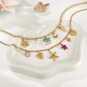 Collana in acciaio inossidabile dorato con ciondoli a tema oceano stella marina