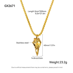 Detailed size specifications for the bird skull pendant necklace in gold stainless steel