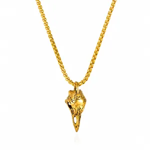 Gothic Bird Skull Pendant Necklace For Men Stainless Steel Vintage Punk Raven Crow Skull Carved Jewelry Gift Gold Silver