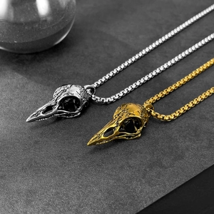 Punk style stainless steel bird skull pendant necklace in silver and gold finish