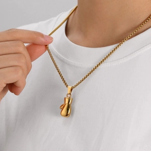 Polished gold boxing glove pendant necklace with classic steel box chain for men and women