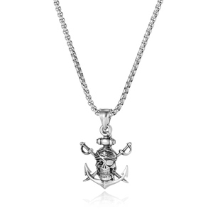Collier ancre de pirate en acier inoxydable avec motif de crâne et épées croisées