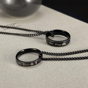 Her King His Queen crown couple ring necklace set in black stainless steel with zircon